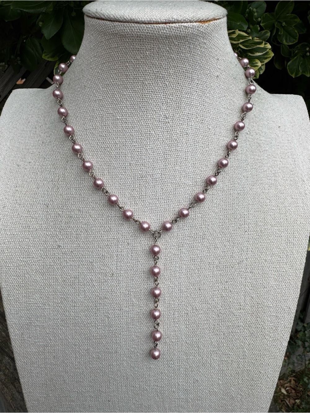 Mauve Pink Glass Pearl Drop Y-Necklace Wire Strung Sterling Silver Soft Grunge